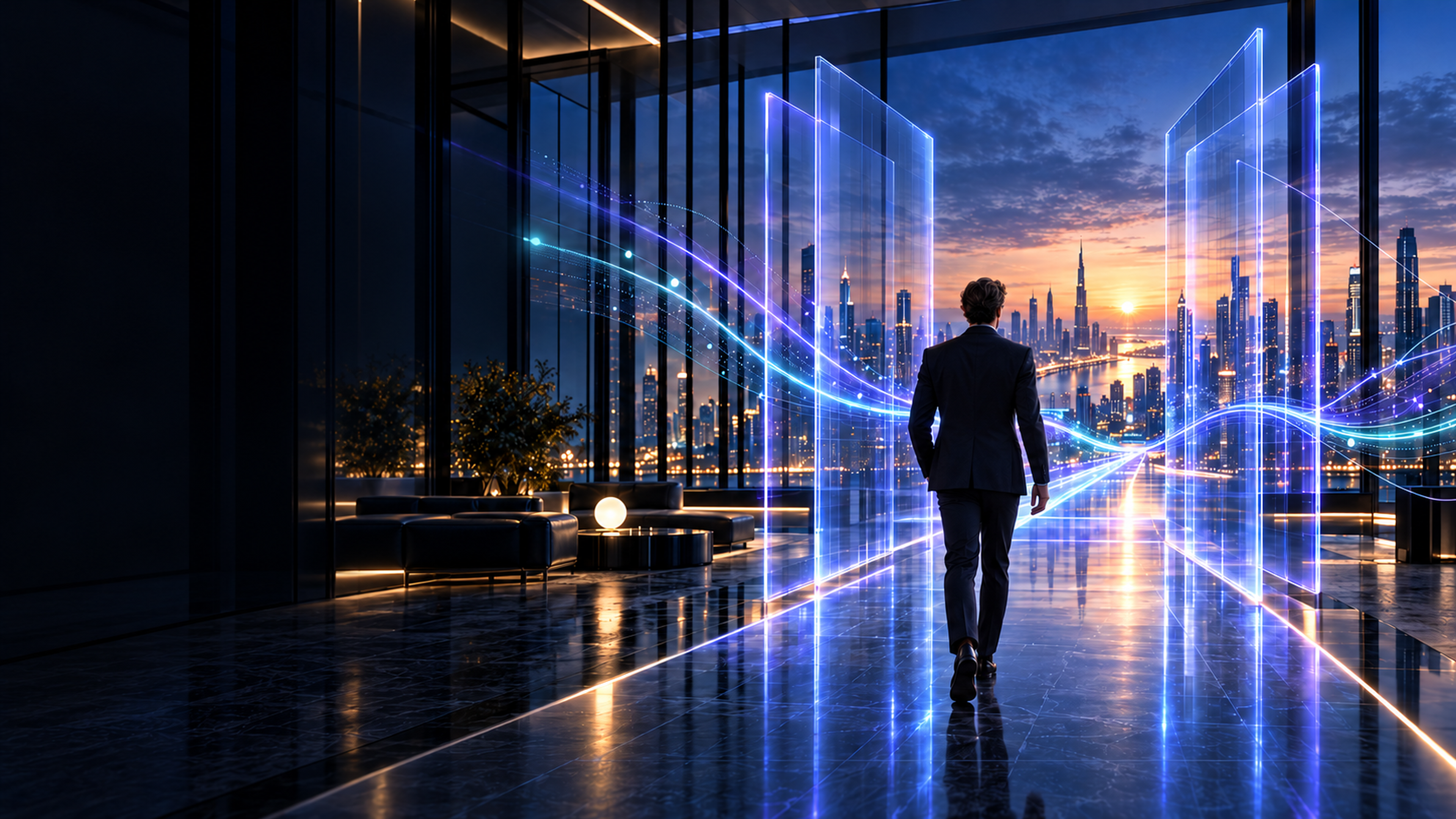 Executive moving through a connected global business environment at dawn.